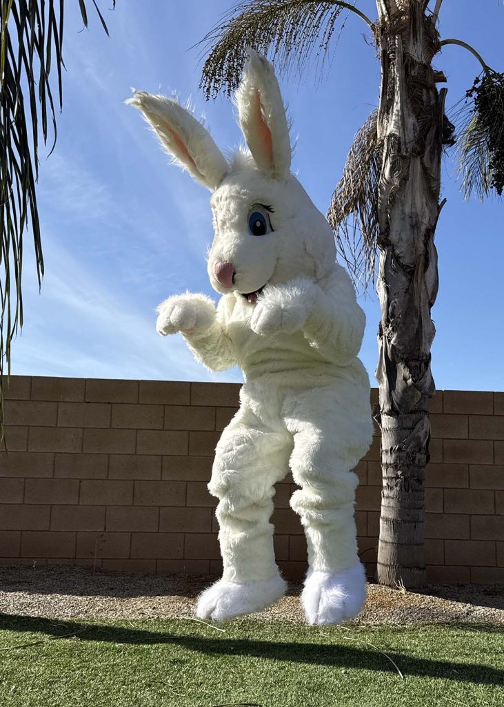 festive easter bunny mascot interacting with families at an easter egg hunt in greater la